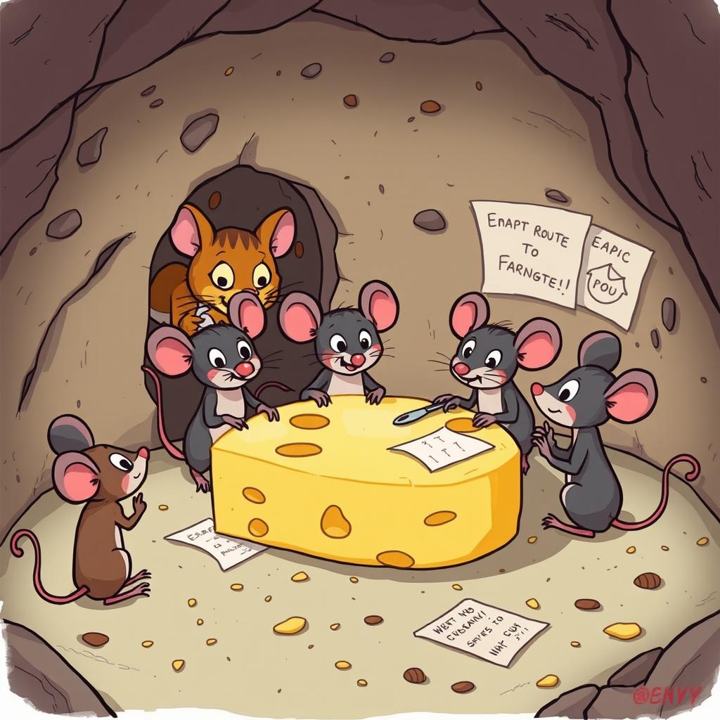A whimsical illustration depicting a group of cartoon mice in a cozy, underground burrow planning their next move
