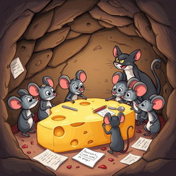 A whimsical illustration depicting a group of cartoon mice in a cozy, underground burrow planning their next move