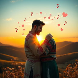 A romantic scene depicting two Kurdish men in a tender embrace, set against a picturesque landscape of rolling hills in Kurdish territory