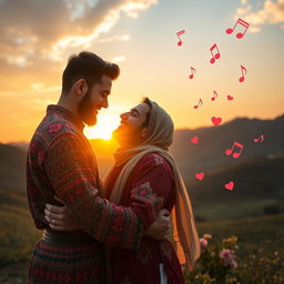 A romantic scene depicting two Kurdish men in a tender embrace, set against a picturesque landscape of rolling hills in Kurdish territory