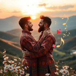 A romantic scene depicting two Kurdish men in a tender embrace, set against a picturesque landscape of rolling hills in Kurdish territory