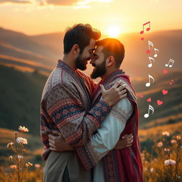 A romantic scene depicting two Kurdish men in a tender embrace, set against a picturesque landscape of rolling hills in Kurdish territory