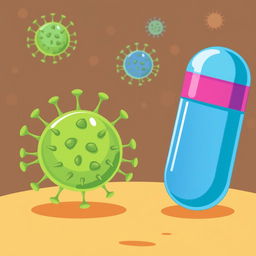 An educational illustration showing the interaction between antibiotics and viruses