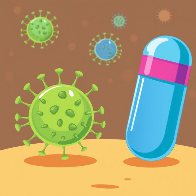 An educational illustration showing the interaction between antibiotics and viruses