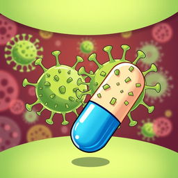An educational illustration showing the interaction between antibiotics and viruses