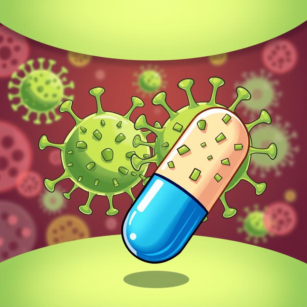 An educational illustration showing the interaction between antibiotics and viruses