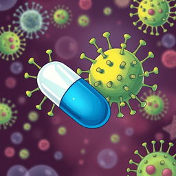 An educational illustration showing the interaction between antibiotics and viruses