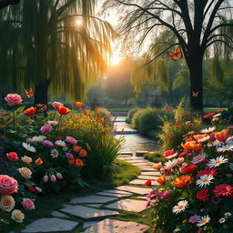 An elegant and serene outdoor scene featuring a tranquil garden filled with diverse, vibrant flowers of various species, including roses, tulips, and daisies, in full bloom