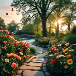 An elegant and serene outdoor scene featuring a tranquil garden filled with diverse, vibrant flowers of various species, including roses, tulips, and daisies, in full bloom
