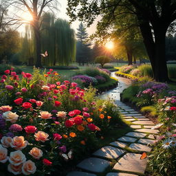 An elegant and serene outdoor scene featuring a tranquil garden filled with diverse, vibrant flowers of various species, including roses, tulips, and daisies, in full bloom