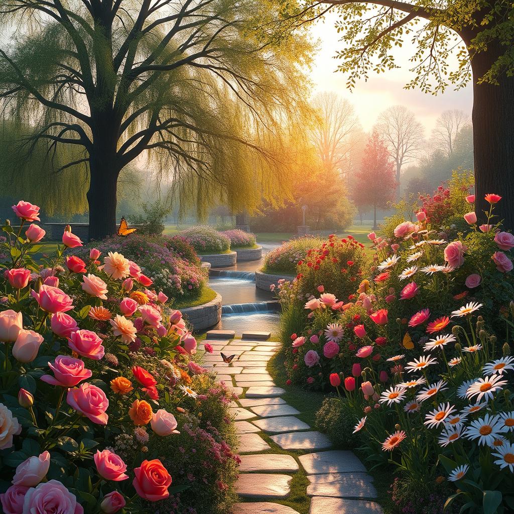 An elegant and serene outdoor scene featuring a tranquil garden filled with diverse, vibrant flowers of various species, including roses, tulips, and daisies, in full bloom