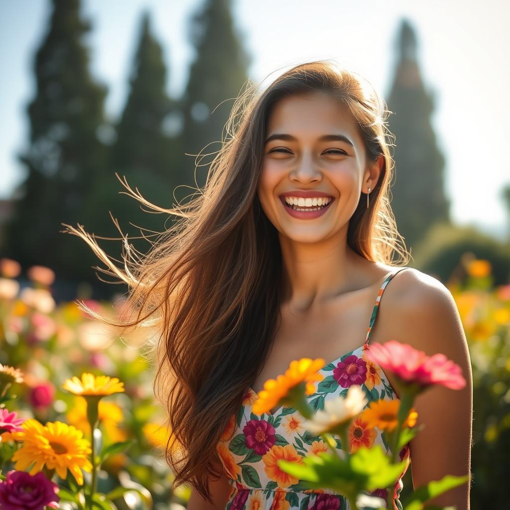 A stunning portrait of a young woman with long flowing hair, laughing joyfully in a sunlit garden