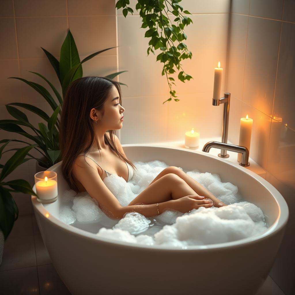 A serene and relaxing scene of a girl taking a bath in a beautiful bathroom