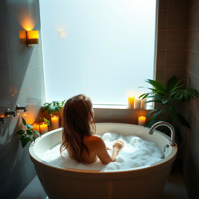 A serene and relaxing scene of a girl taking a bath in a beautiful bathroom