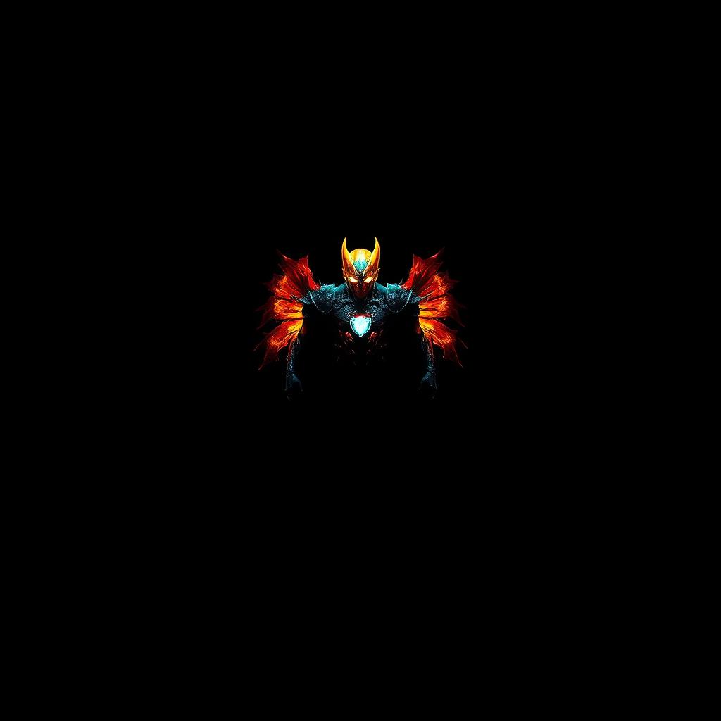 A striking visual featuring a central object or character, illuminated prominently against a solid black background