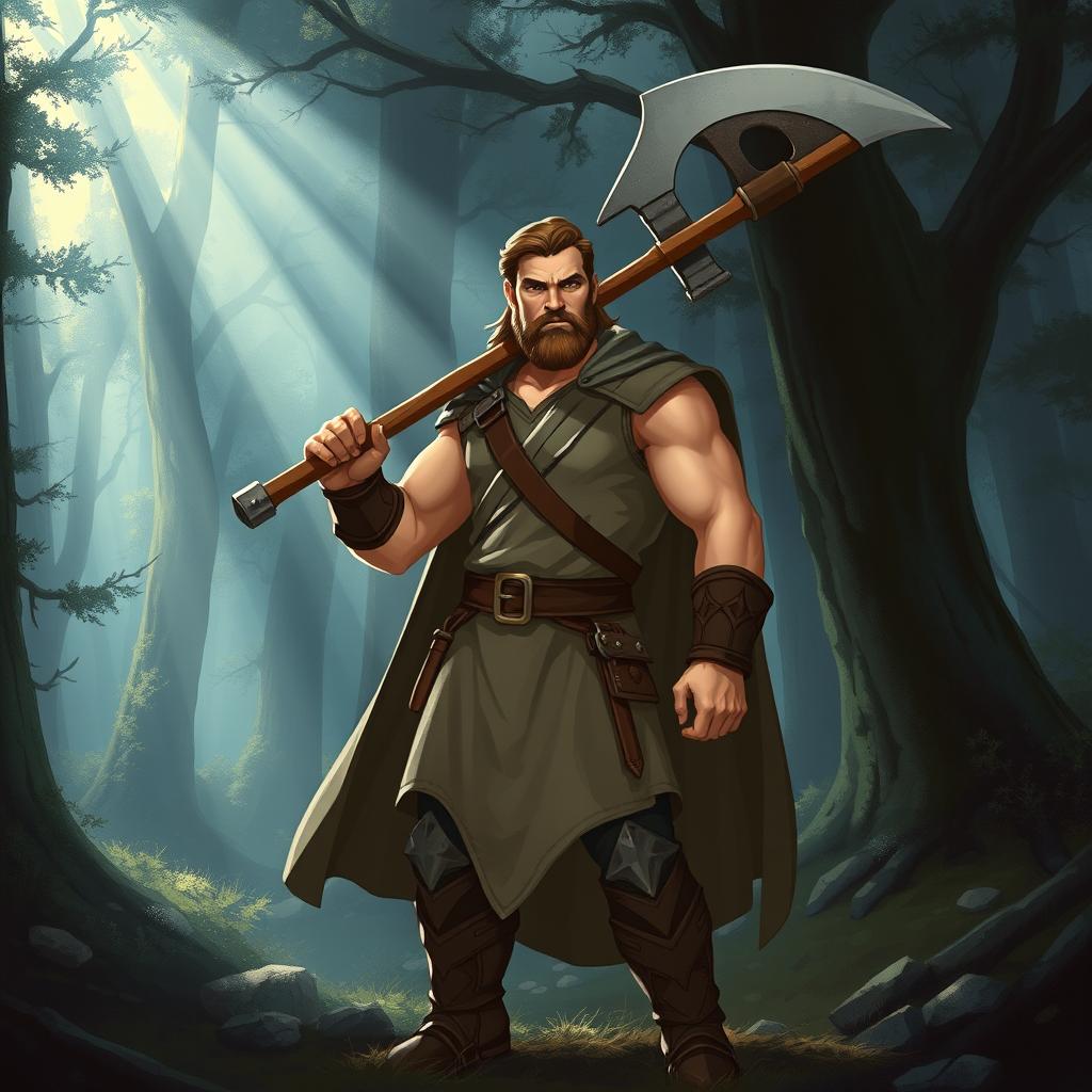 A humanoid Paladin character belongs to the human race, mid-30s, of average build, wielding a halberd