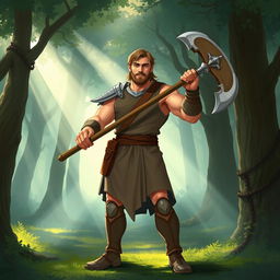 A humanoid Paladin character belongs to the human race, mid-30s, of average build, wielding a halberd