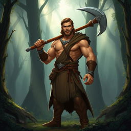 A humanoid Paladin character belongs to the human race, mid-30s, of average build, wielding a halberd