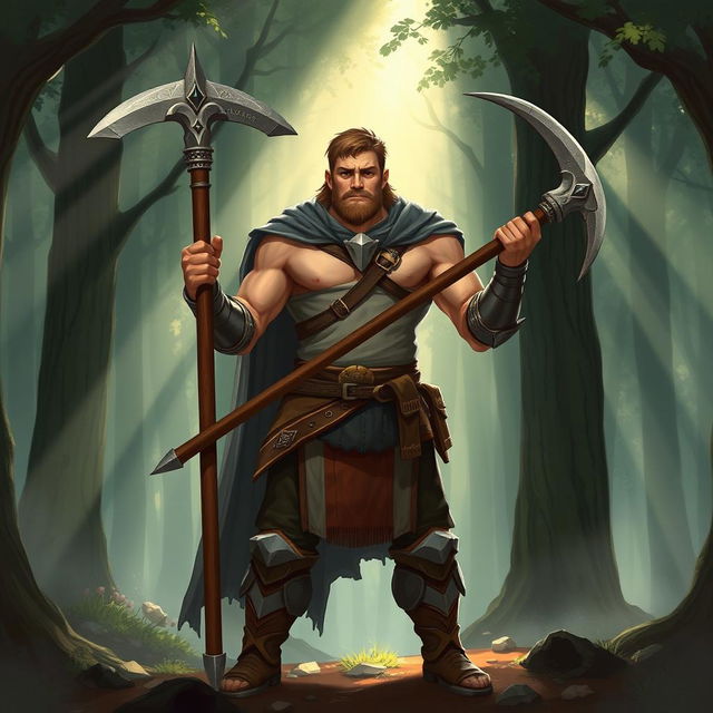 A humanoid Paladin character belongs to the human race, mid-30s, of average build, wielding a halberd