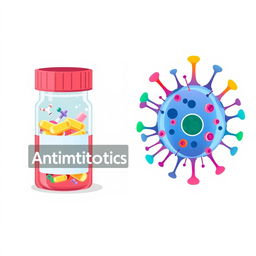 A visually engaging educational illustration depicting the relationship between antibiotics and viruses