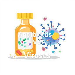 A visually engaging educational illustration depicting the relationship between antibiotics and viruses