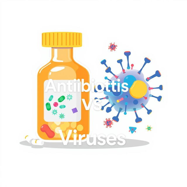 A visually engaging educational illustration depicting the relationship between antibiotics and viruses