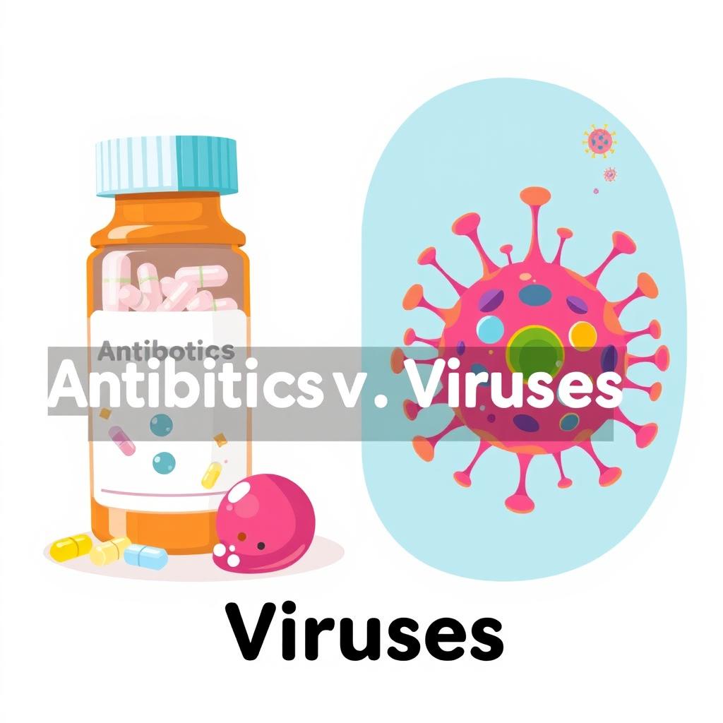 A visually engaging educational illustration depicting the relationship between antibiotics and viruses