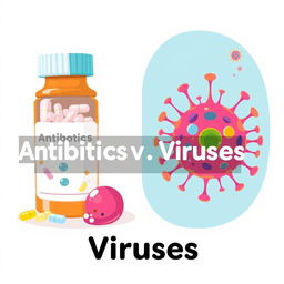 A visually engaging educational illustration depicting the relationship between antibiotics and viruses