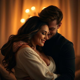 A romantic scene featuring a man and woman in a soft, intimate setting