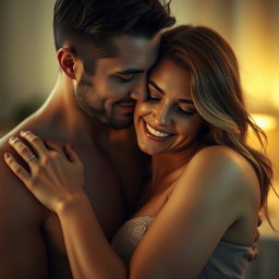 A romantic scene featuring a man and woman in a soft, intimate setting