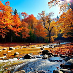 A majestic forest landscape during autumn, featuring vibrant orange and yellow leaves against a clear blue sky