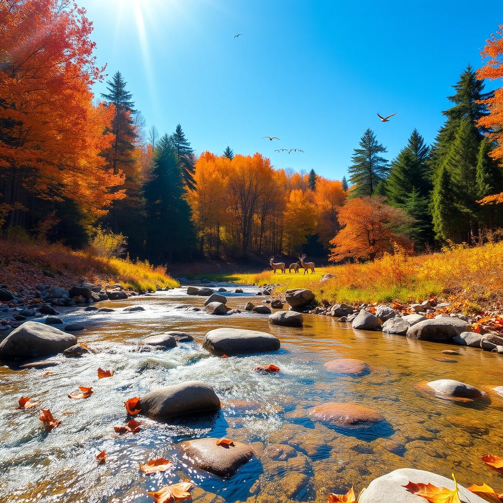 A majestic forest landscape during autumn, featuring vibrant orange and yellow leaves against a clear blue sky
