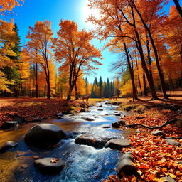 A majestic forest landscape during autumn, featuring vibrant orange and yellow leaves against a clear blue sky