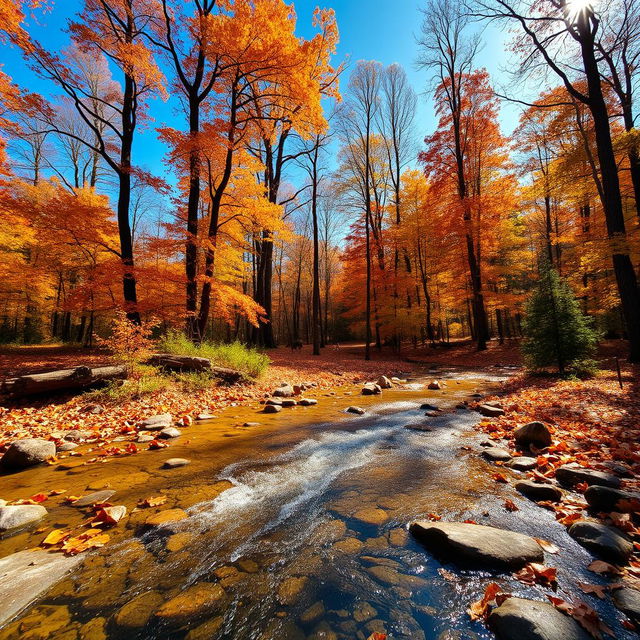 A majestic forest landscape during autumn, featuring vibrant orange and yellow leaves against a clear blue sky