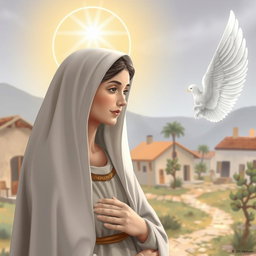 A serene and holy scene depicting the Virgin Mary as a young woman of about 15 years old in Nazareth