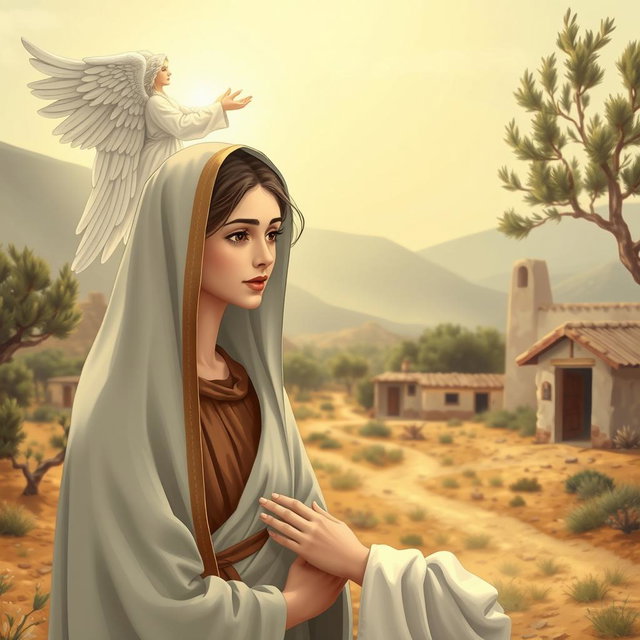 A serene and holy scene depicting the Virgin Mary as a young woman of about 15 years old in Nazareth