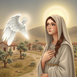 A serene and holy scene depicting the Virgin Mary as a young woman of about 15 years old in Nazareth