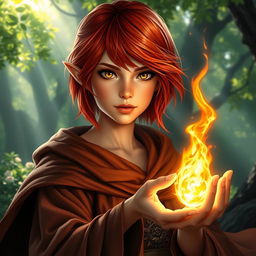 A young half-elf female wizard with vivid red hair just below shoulder length and radiant gold eyes
