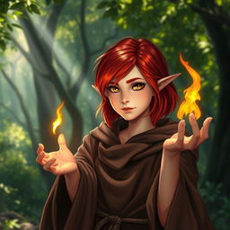 A young half-elf female wizard with vivid red hair just below shoulder length and radiant gold eyes