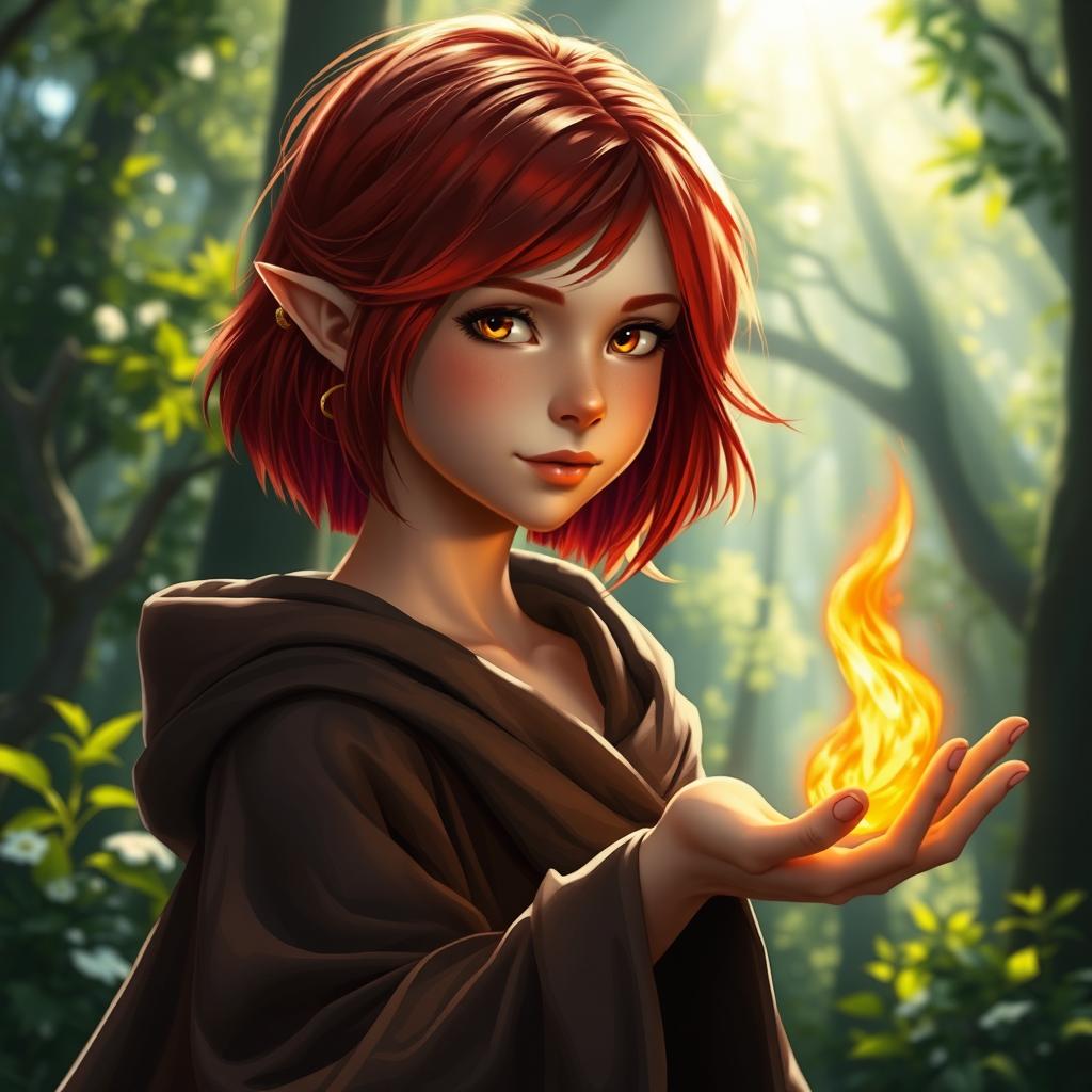 A young half-elf female wizard with vivid red hair just below shoulder length and radiant gold eyes