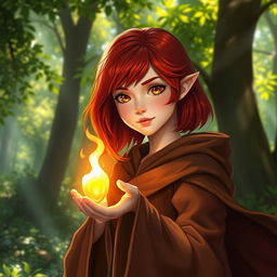 A young half-elf female wizard with vivid red hair just below shoulder length and radiant gold eyes