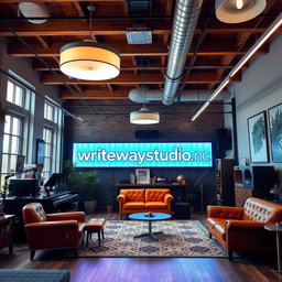 A modern yet vintage studio interior, featuring a stylish mix of contemporary design elements and classic aesthetics