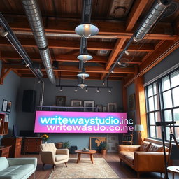 A modern yet vintage studio interior, featuring a stylish mix of contemporary design elements and classic aesthetics