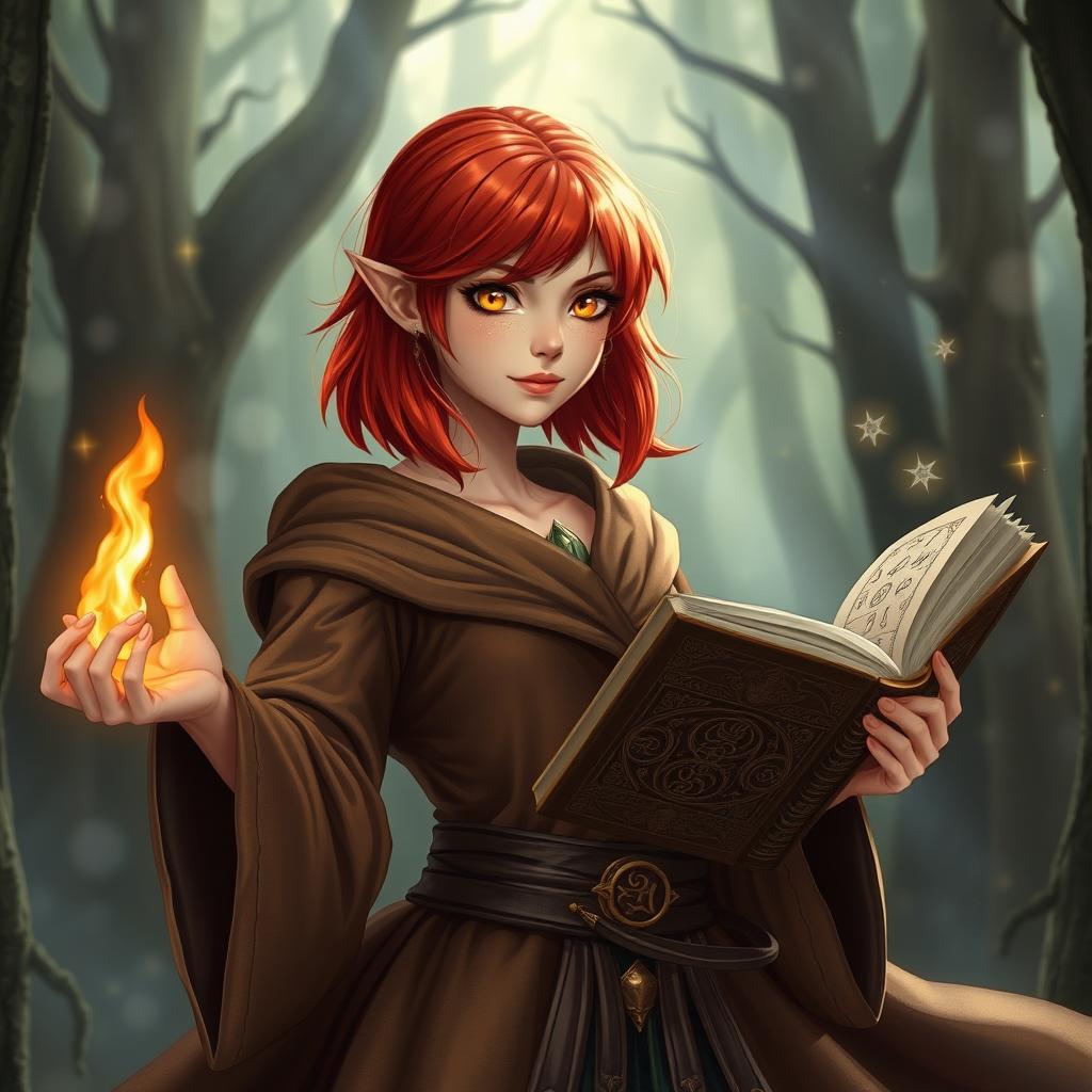 A half-elf wizard with vibrant red hair just under shoulder length and sparkling golden eyes