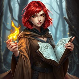 A half-elf wizard with vibrant red hair just under shoulder length and sparkling golden eyes