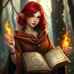 A half-elf wizard with vibrant red hair just under shoulder length and sparkling golden eyes