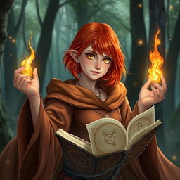 A half-elf wizard with vibrant red hair just under shoulder length and sparkling golden eyes