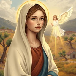 A tranquil and sacred illustration of the Virgin Mary as a young woman of approximately 15 years old in Nazareth