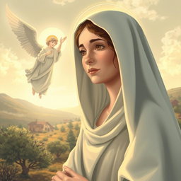 A tranquil and sacred illustration of the Virgin Mary as a young woman of approximately 15 years old in Nazareth