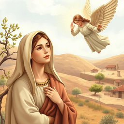 A tranquil and sacred illustration of the Virgin Mary as a young woman of approximately 15 years old in Nazareth